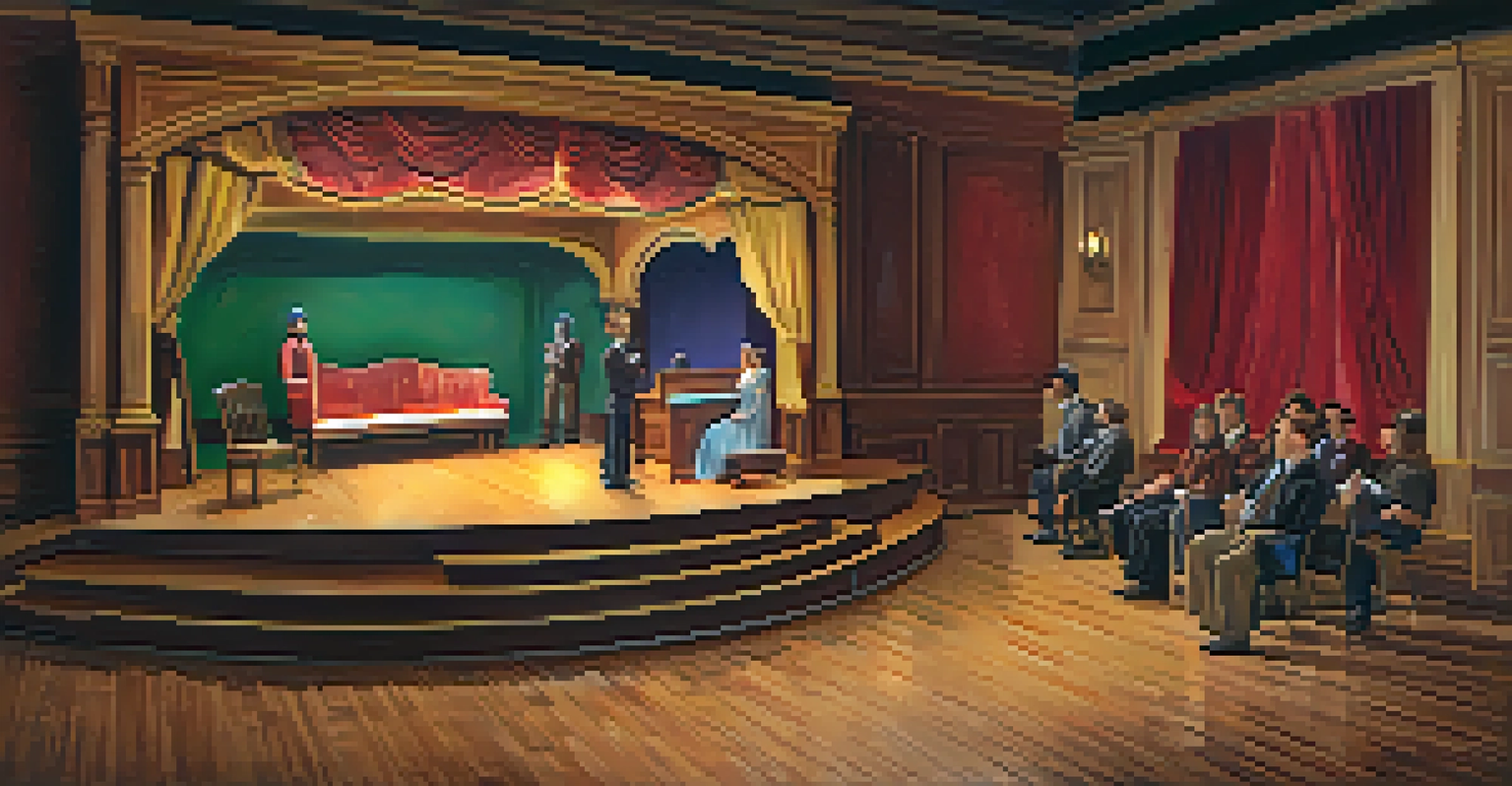 Inside the Playhouse on the Square theater, actors are rehearsing on stage surrounded by colorful props and warm lighting.