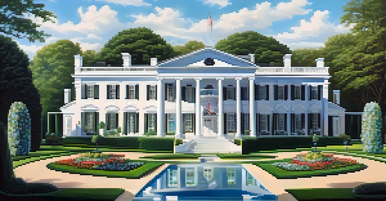 Panoramic view of Graceland mansion with green gardens and visitors exploring under a clear blue sky.