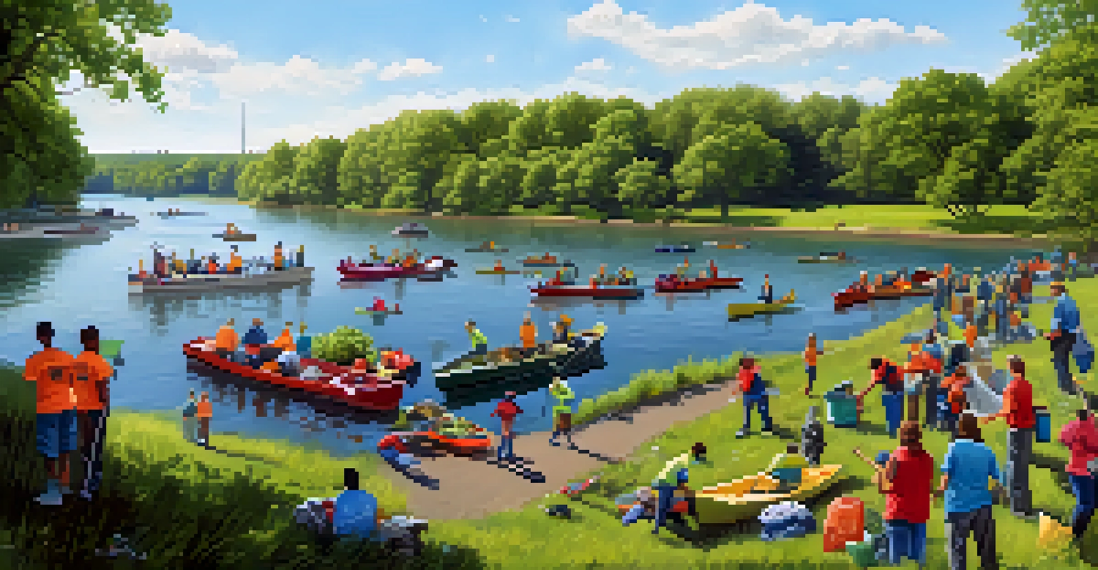 A bird's-eye view of volunteers cleaning the Mississippi River, with colorful shirts and a sparkling river in the background.