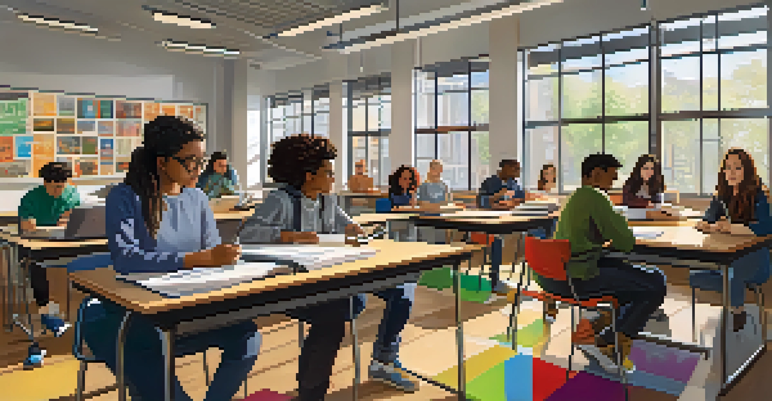 A diverse group of students collaborating in a bright university classroom.