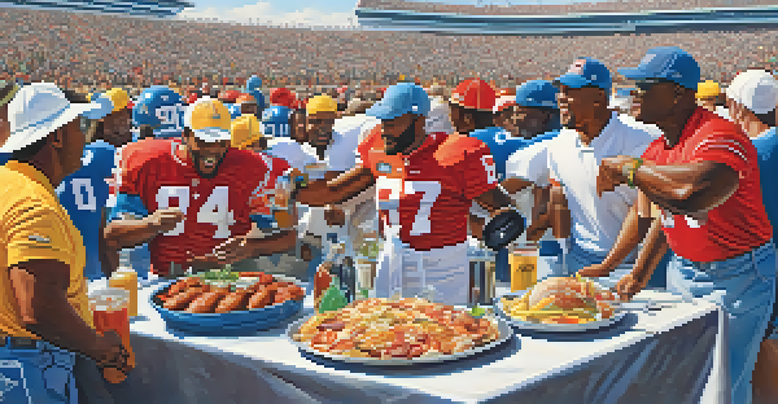 Fans tailgating at the Southern Heritage Classic football event, enjoying food and music, with a stadium visible in the background.