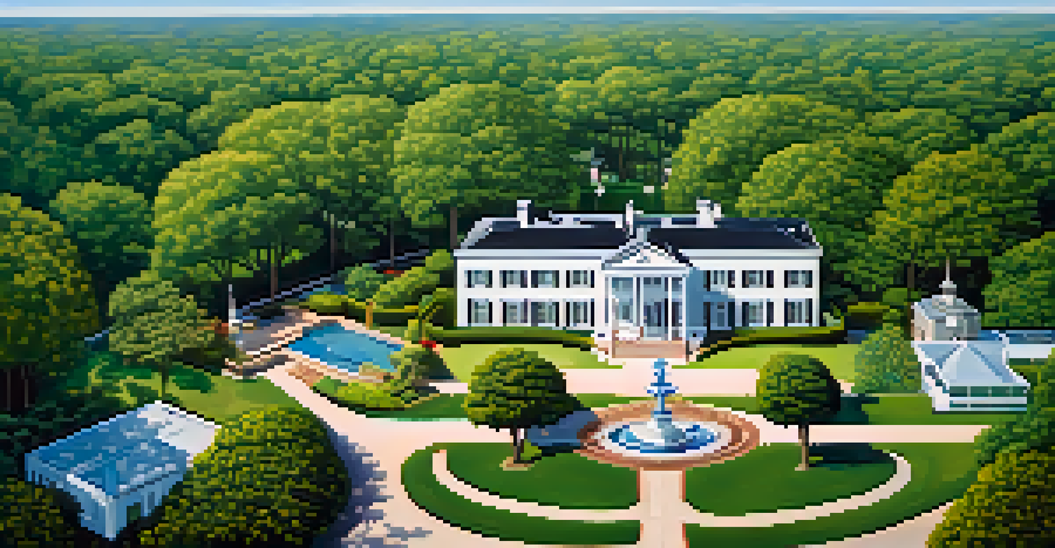 An aerial view of Graceland, the home of Elvis Presley, surrounded by gardens and visitors exploring the area.