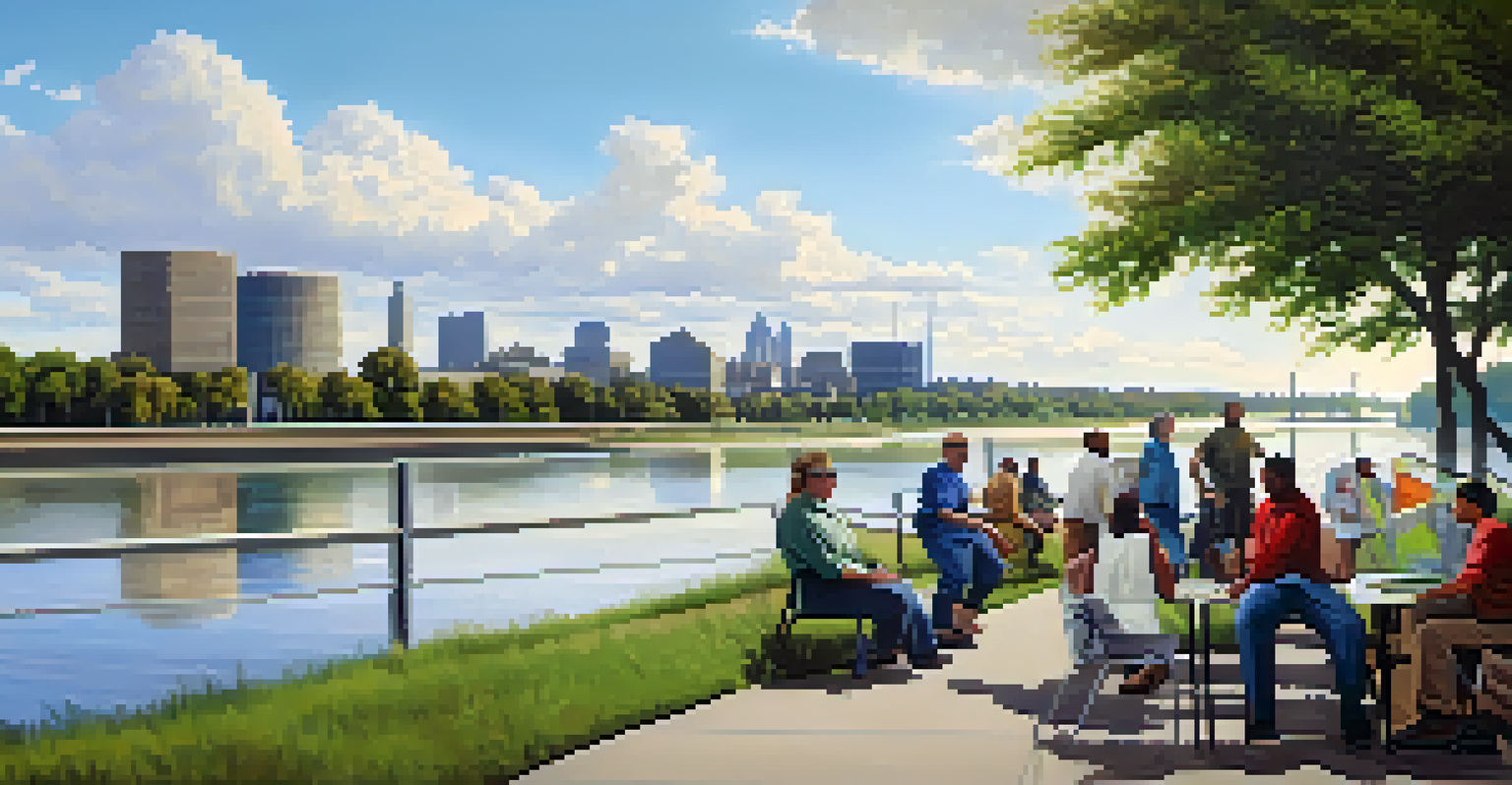 A modern flood management facility along the Mississippi River, featuring levees and engaged community members.