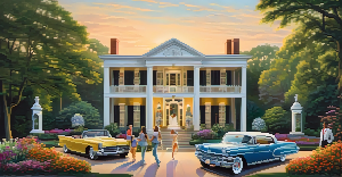 A beautiful sunset view of Graceland with fans gathered in front, surrounded by greenery and flowers.