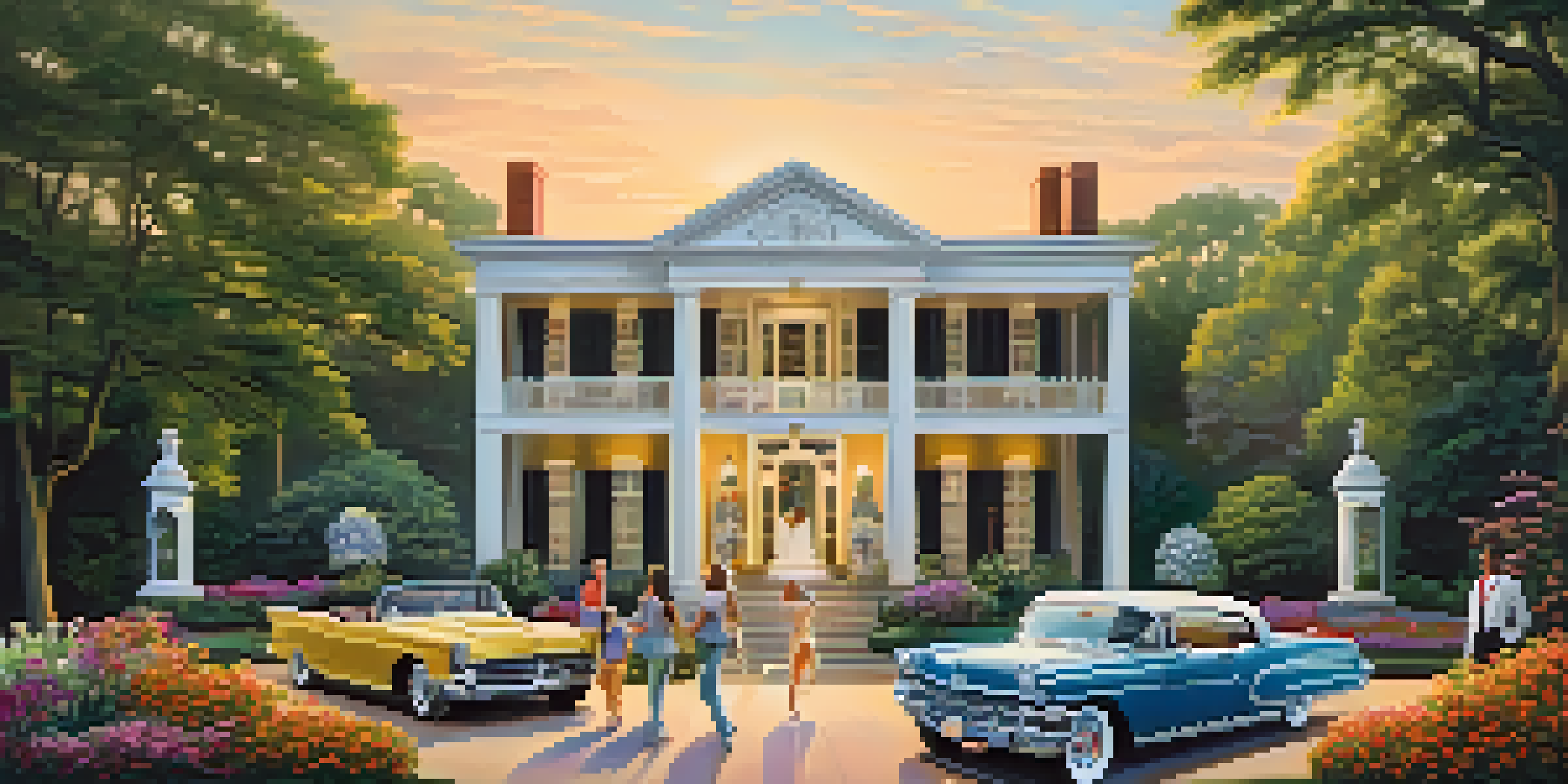 A beautiful sunset view of Graceland with fans gathered in front, surrounded by greenery and flowers.