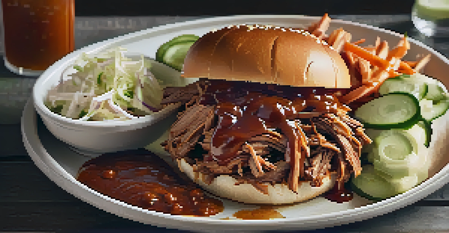 A close-up of a plated barbecue dish with pulled pork, tangy sauce, coleslaw, and pickles presented attractively.