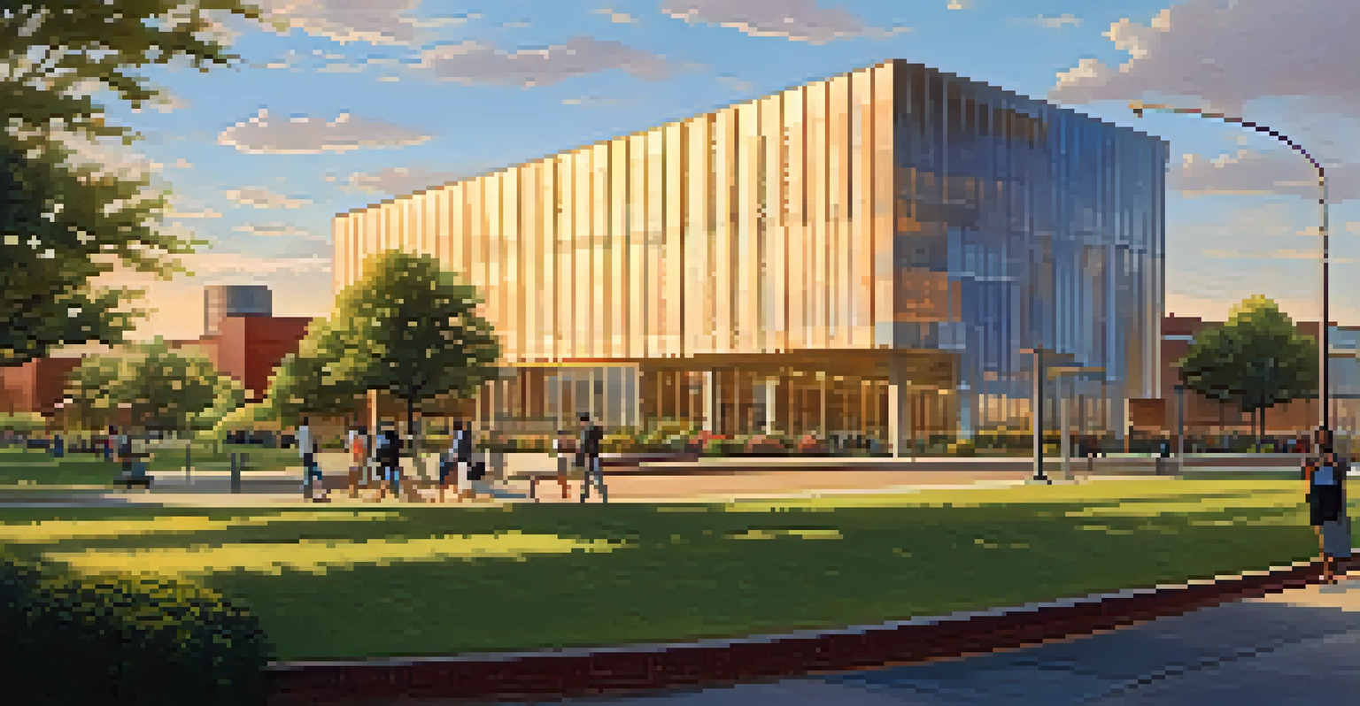 A peaceful view of the National Civil Rights Museum in Memphis during sunset, with visitors and blooming flowers in the foreground.