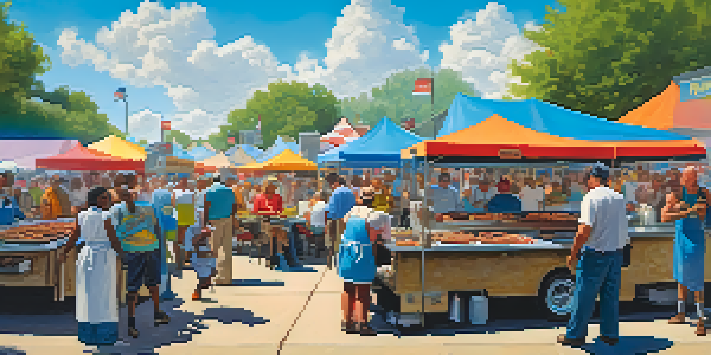 A lively outdoor Memphis barbecue festival with colorful food stalls, a pitmaster tending to a smoker, and people enjoying their meals.