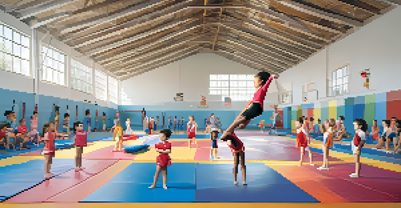 Children practicing gymnastics in a brightly lit gym, showcasing various skills on colorful mats and equipment, with expressions of joy.