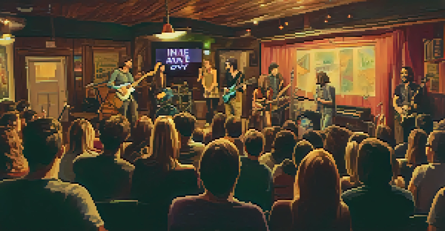 An indie rock band performing in a small venue with an engaged audience and warm, cozy lighting.