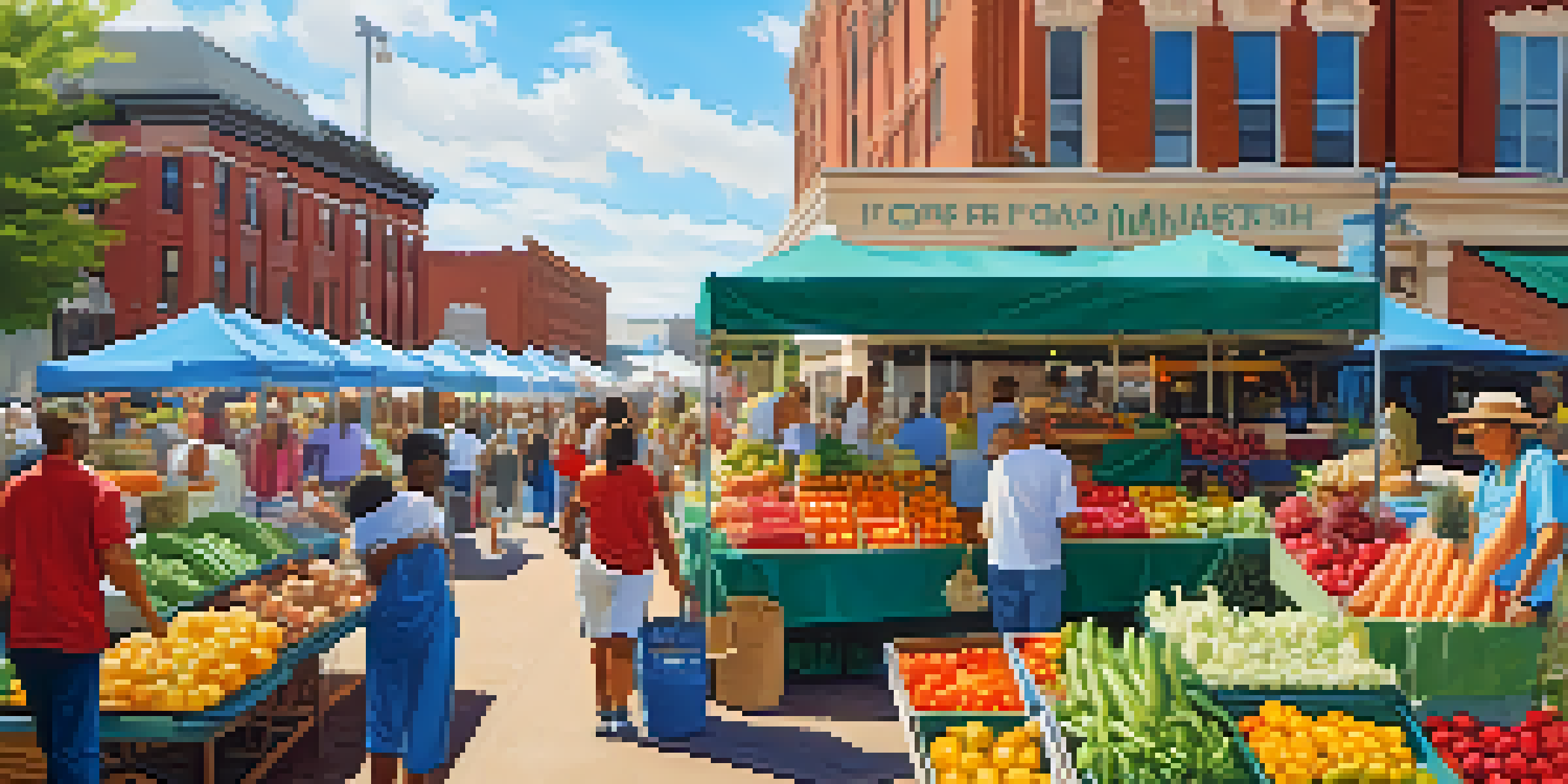 A lively farmers' market in Memphis filled with fresh produce, flowers, and people enjoying the sunny day.