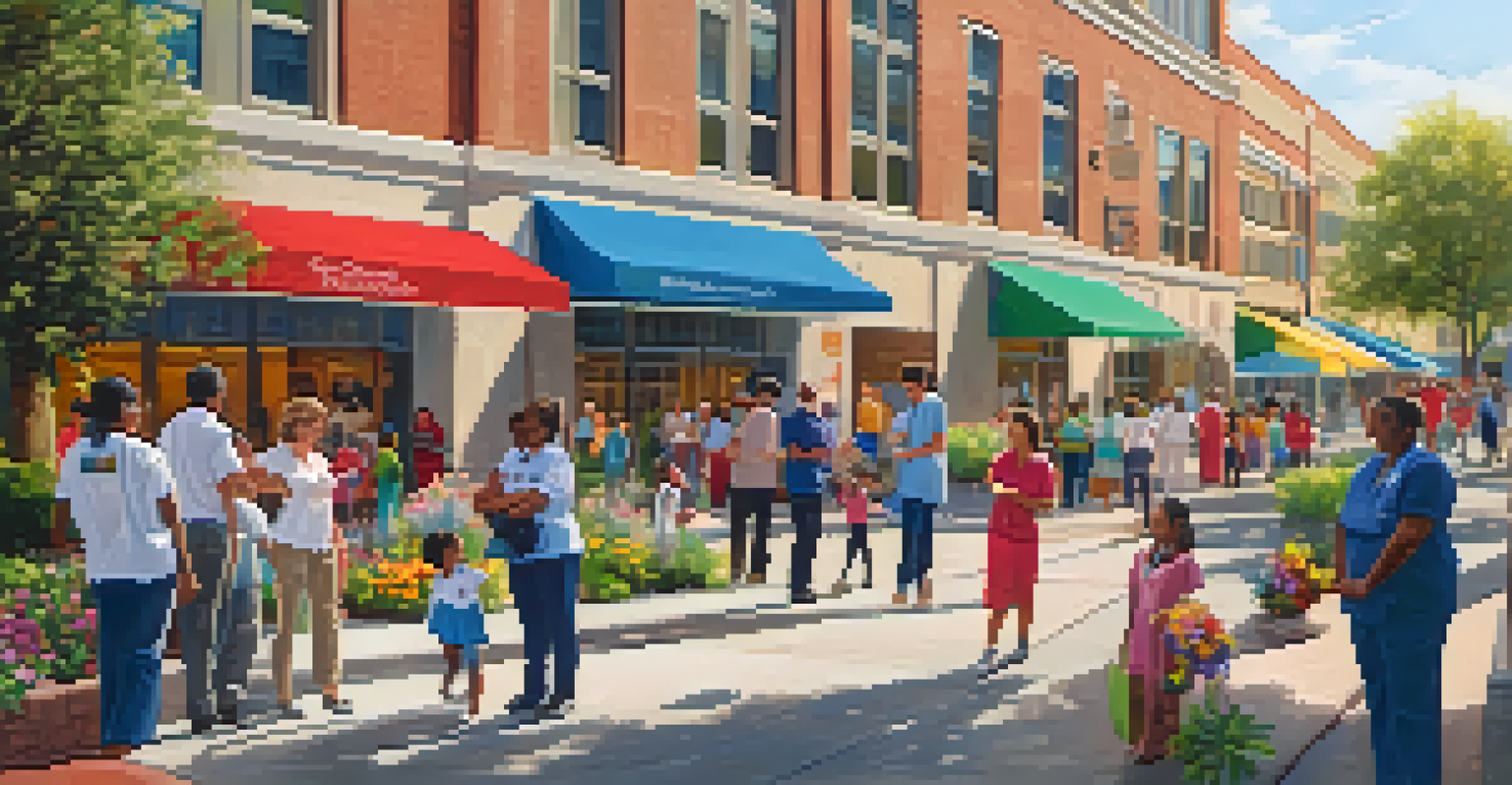 A lively street view of St. Jude Children's Research Hospital, featuring families and healthcare workers.