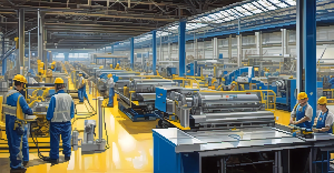 A modern manufacturing facility in Memphis with workers in safety gear collaborating on an assembly line, illuminated by natural light.
