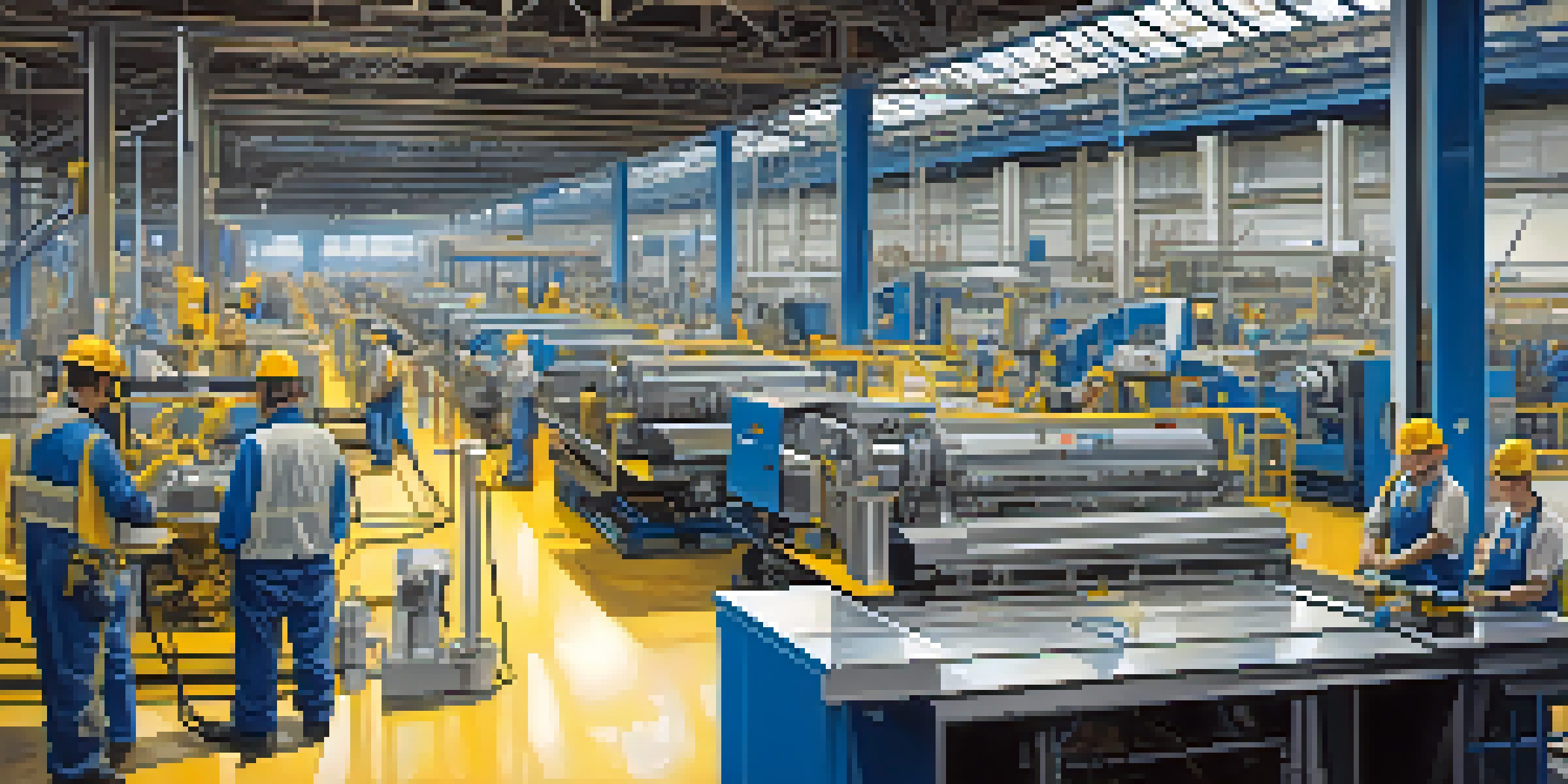 A modern manufacturing facility in Memphis with workers in safety gear collaborating on an assembly line, illuminated by natural light.