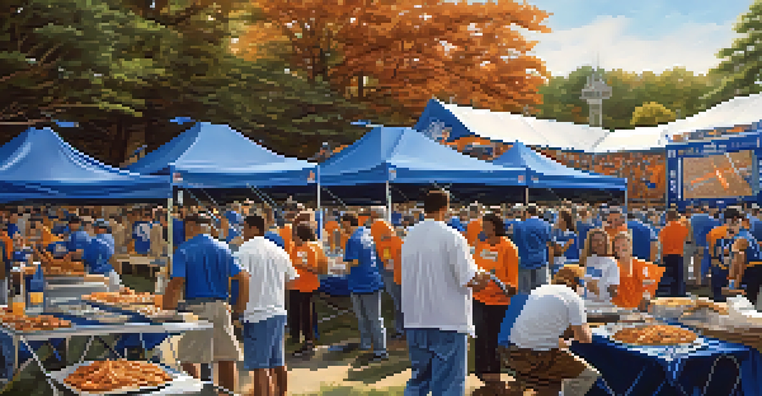 A festive tailgating scene before a Memphis Tigers football game, featuring fans and delicious food.