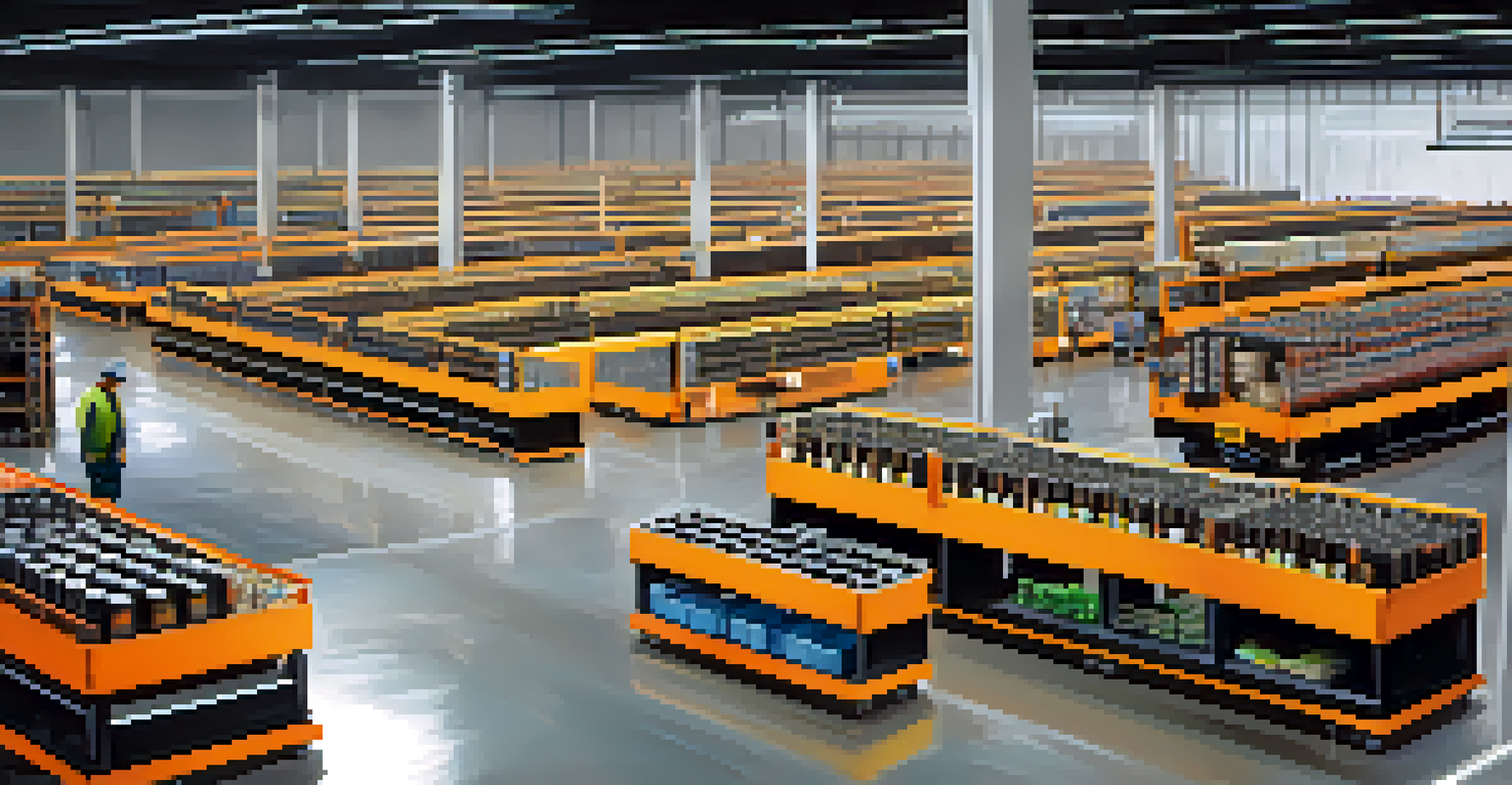 A modern automated warehouse in Memphis with robots and workers managing inventory.