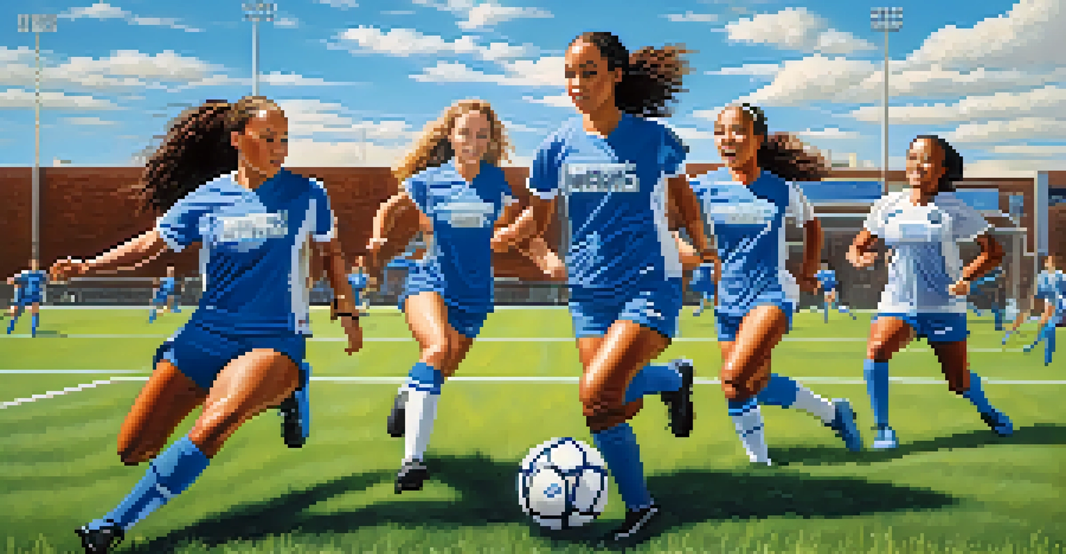 Female athletes from the Memphis Tigers soccer team practicing together on a sunny day.