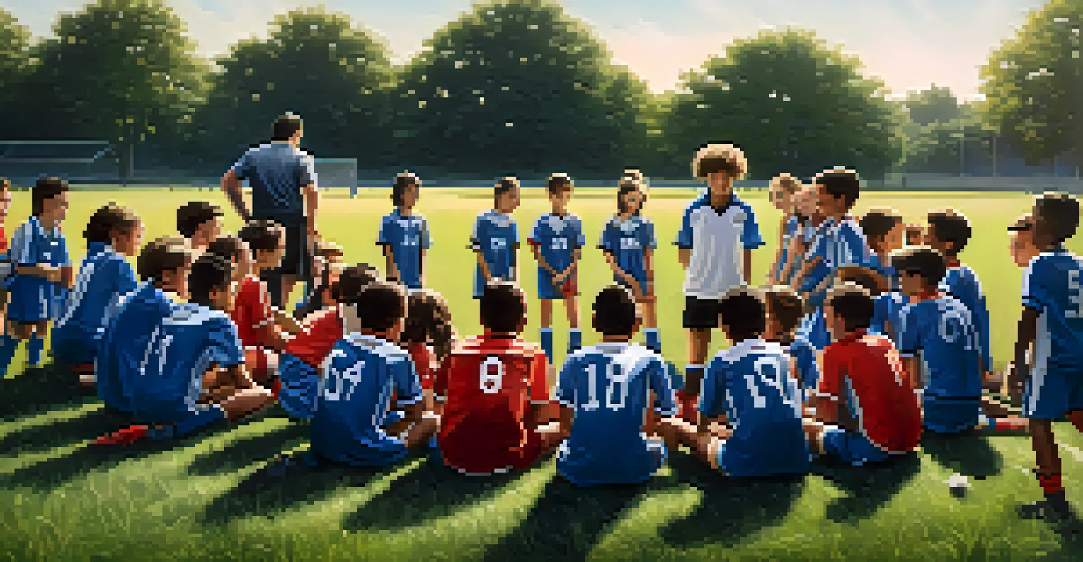 A youth soccer team huddled together on a field, with a coach inspiring them, surrounded by green grass and bright sunlight.