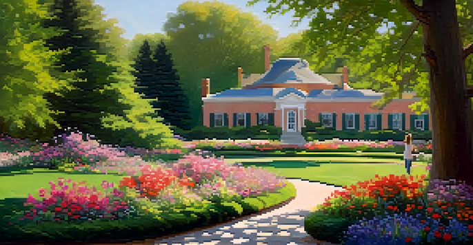 A peaceful scene at Dixon Gallery and Gardens featuring an Impressionist painting and colorful flowers under dappled sunlight.