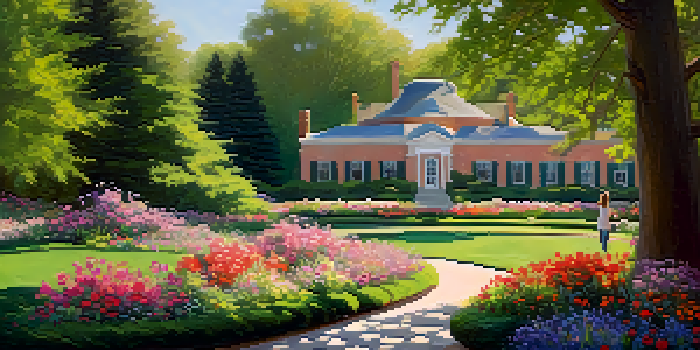 A peaceful scene at Dixon Gallery and Gardens featuring an Impressionist painting and colorful flowers under dappled sunlight.