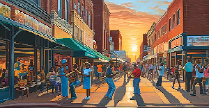 A lively street scene on Beale Street in Memphis with colorful murals, street performers, and warm sunset lighting.