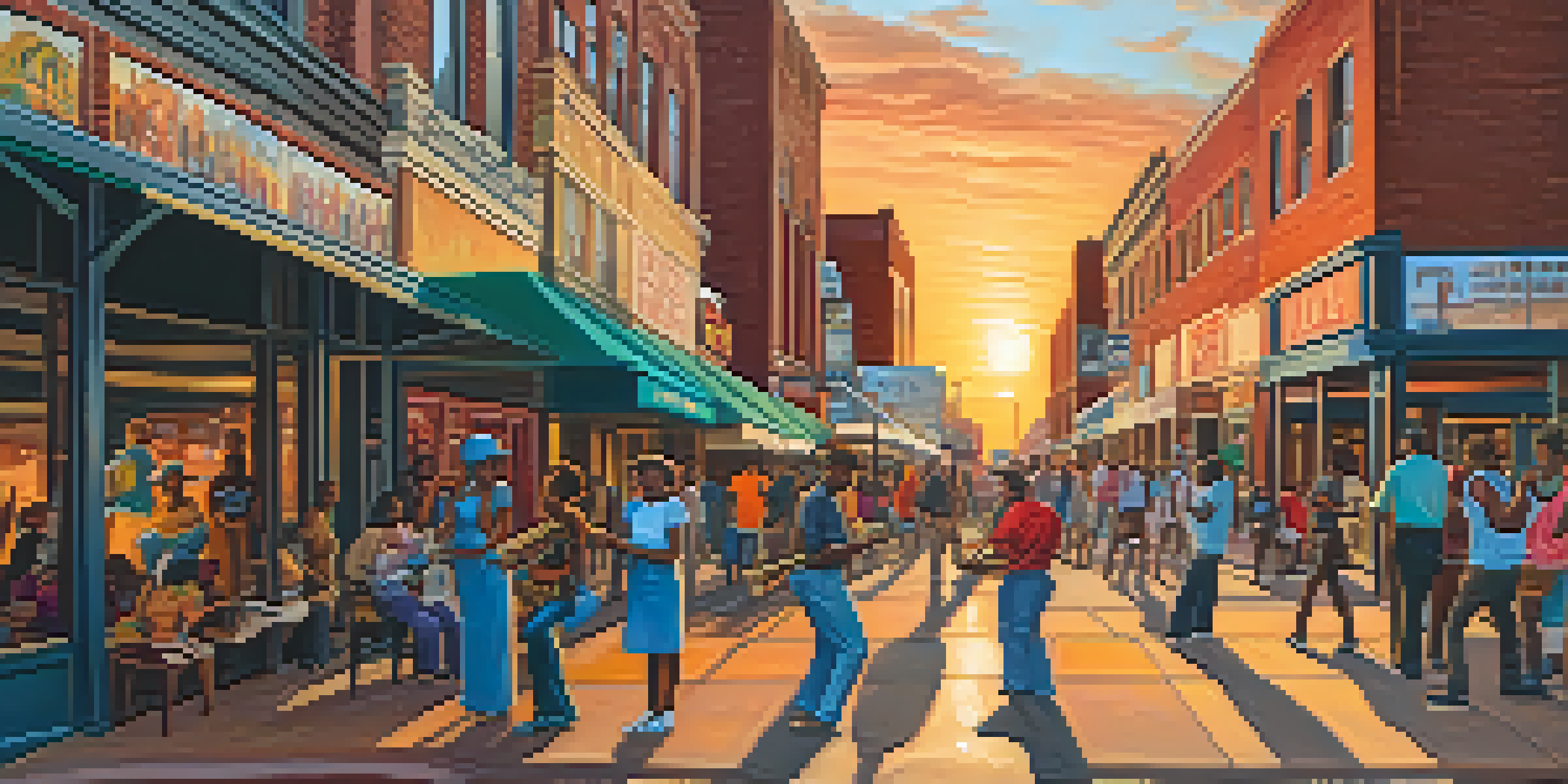 A lively street scene on Beale Street in Memphis with colorful murals, street performers, and warm sunset lighting.