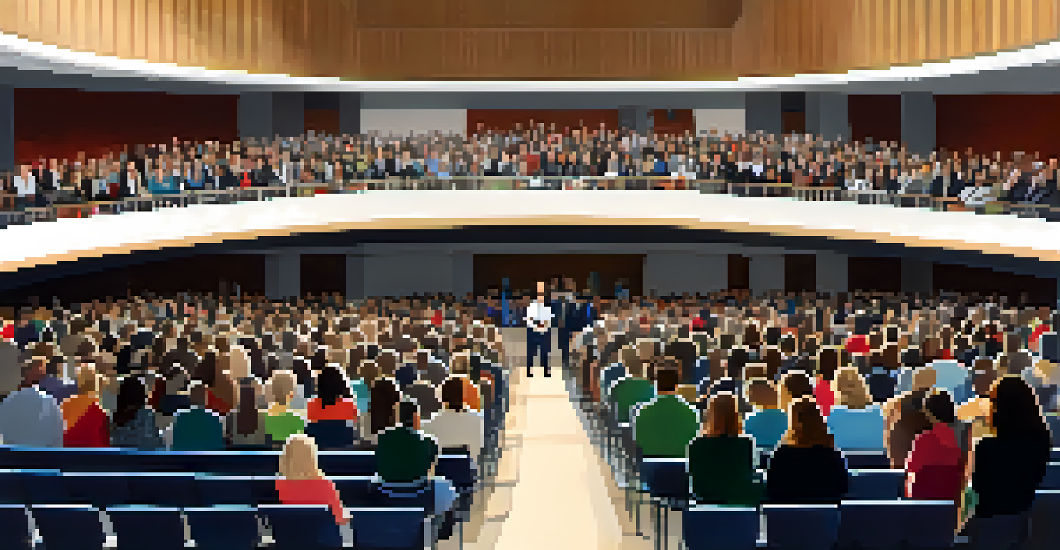 A community meeting in an auditorium with educators, students, and business leaders discussing higher education, featuring a banner on stage promoting collaboration.