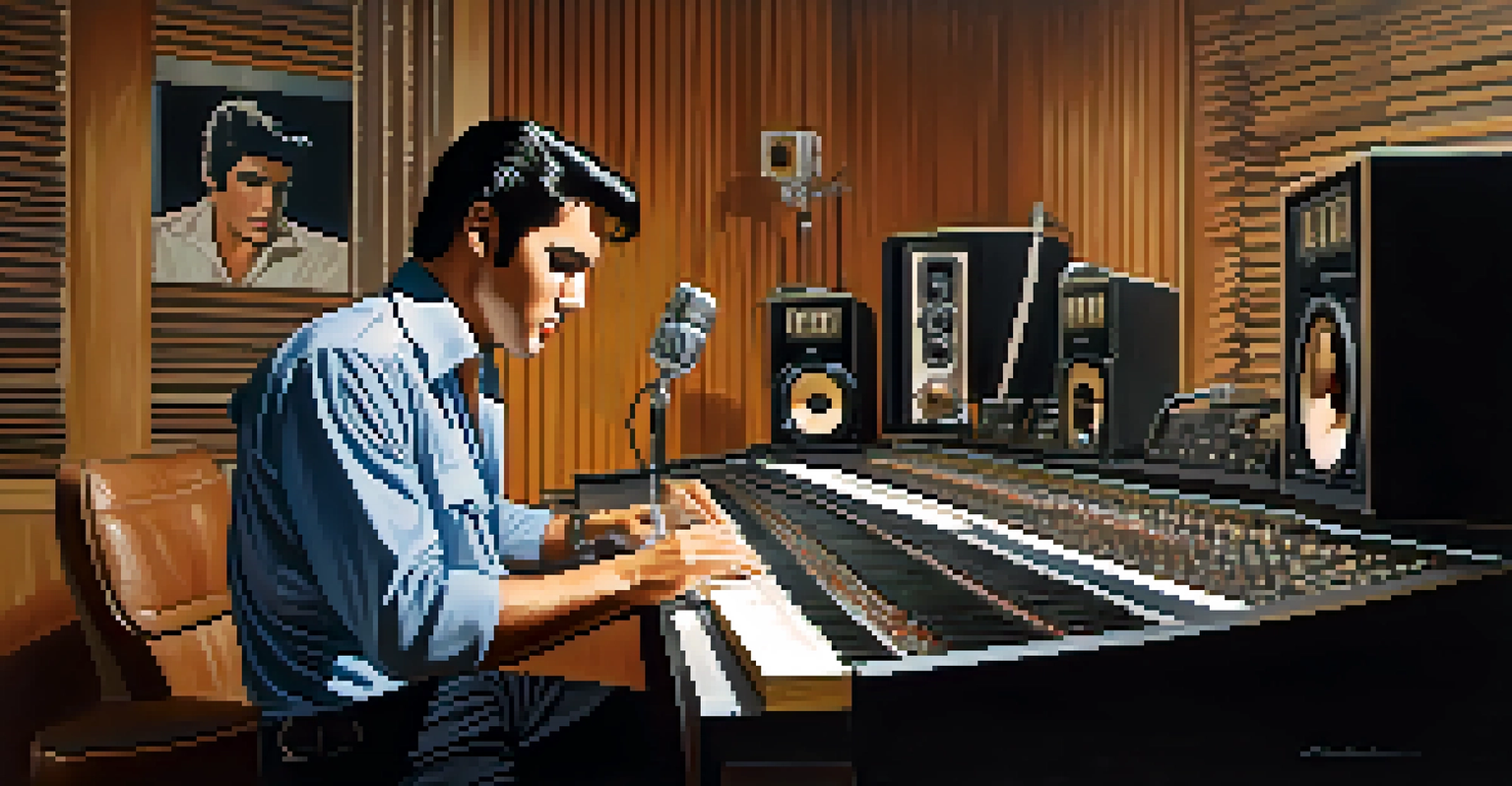 Elvis Presley in a recording studio at Graceland, deeply focused on writing music surrounded by vintage microphones and instruments.