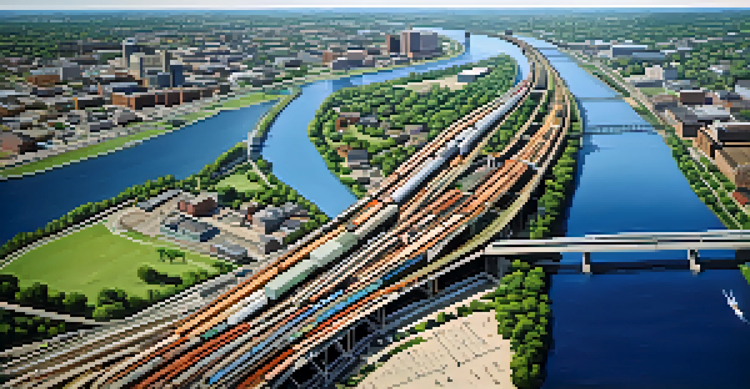 An aerial view of transportation in Memphis, featuring the river, highways, and railroads, with lush parks in the vicinity.