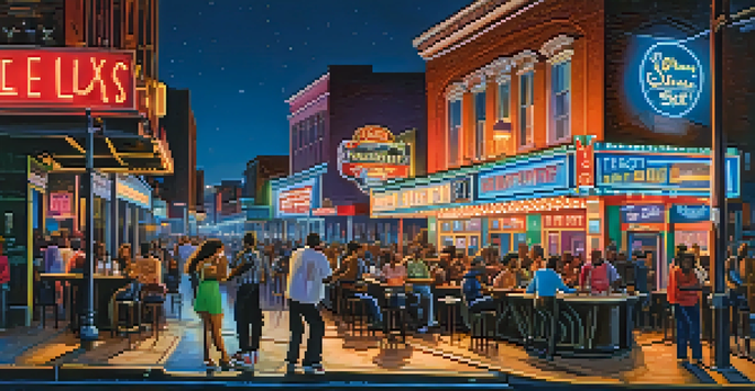 A lively street scene at night on Beale Street in Memphis, showcasing musicians and colorful neon lights.