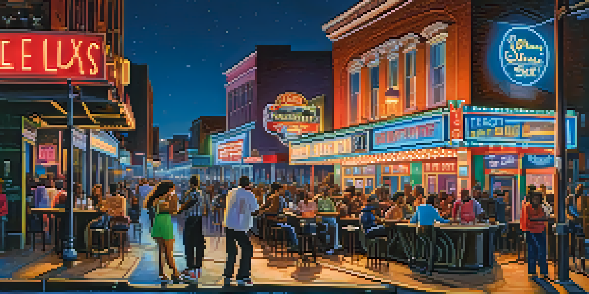A lively street scene at night on Beale Street in Memphis, showcasing musicians and colorful neon lights.