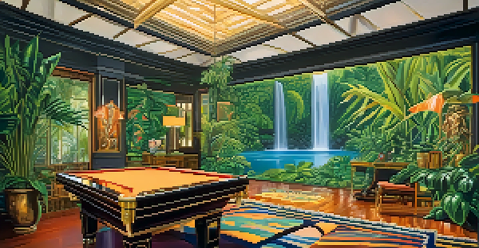 An interior view of the Jungle Room in Graceland, featuring lush decor, a waterfall, and vintage furnishings, illuminated by soft ambient lighting.