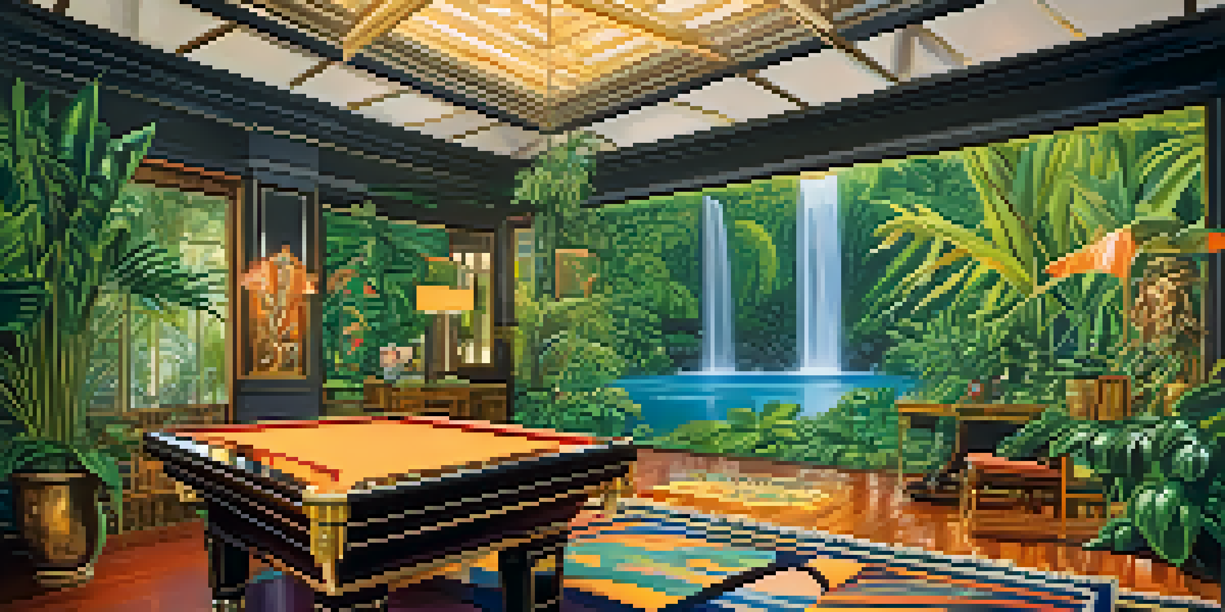 An interior view of the Jungle Room in Graceland, featuring lush decor, a waterfall, and vintage furnishings, illuminated by soft ambient lighting.