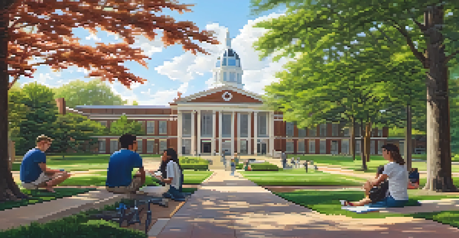 Students at the University of Memphis engaged in artistic activities on campus, surrounded by greenery and sunlight filtering through the trees.