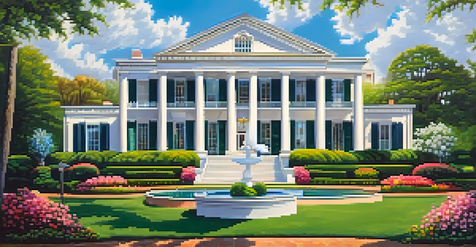 A beautiful view of Graceland mansion with vibrant gardens and a clear blue sky.