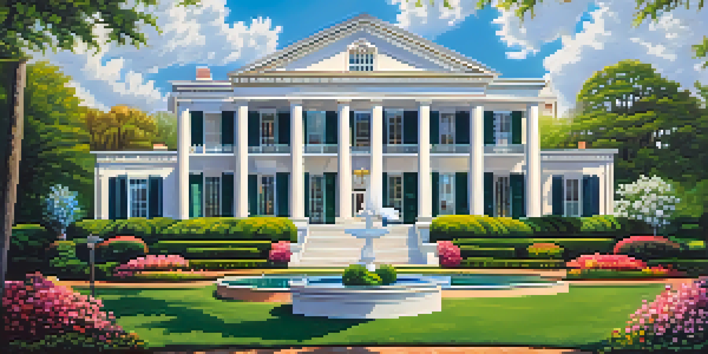 A beautiful view of Graceland mansion with vibrant gardens and a clear blue sky.