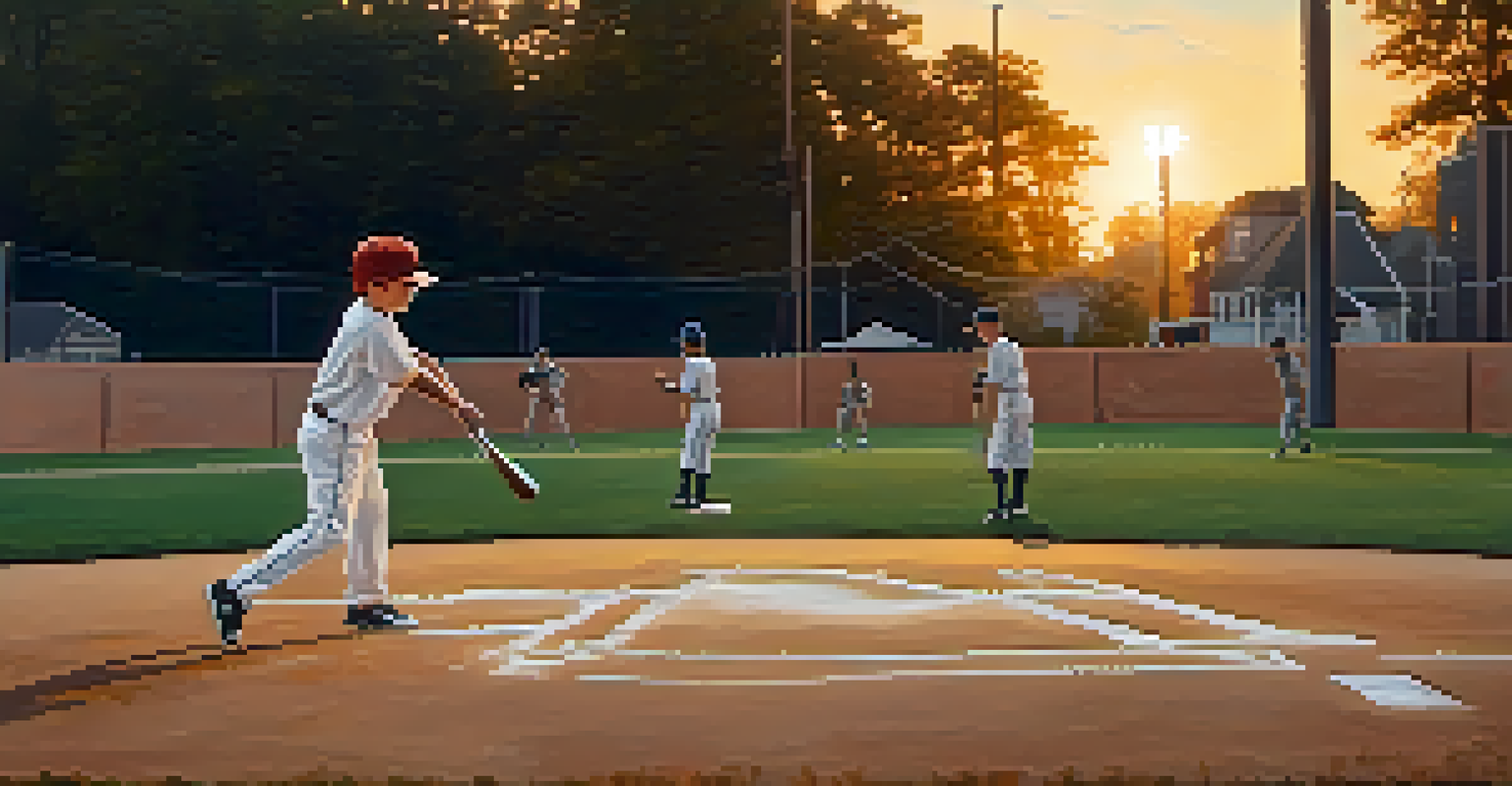A young baseball player practicing batting at sunset on a Memphis field.