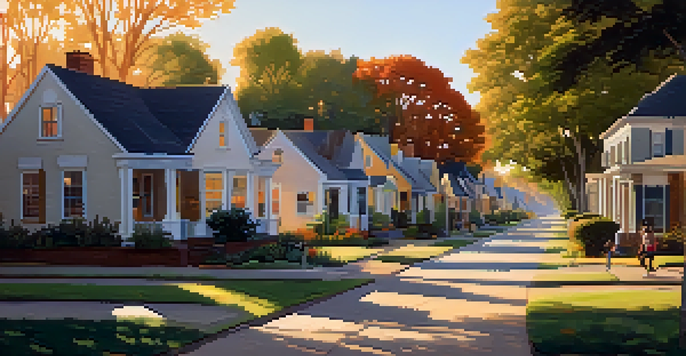 A sunset view of a lively Memphis neighborhood with modern and traditional homes, children playing in the park.