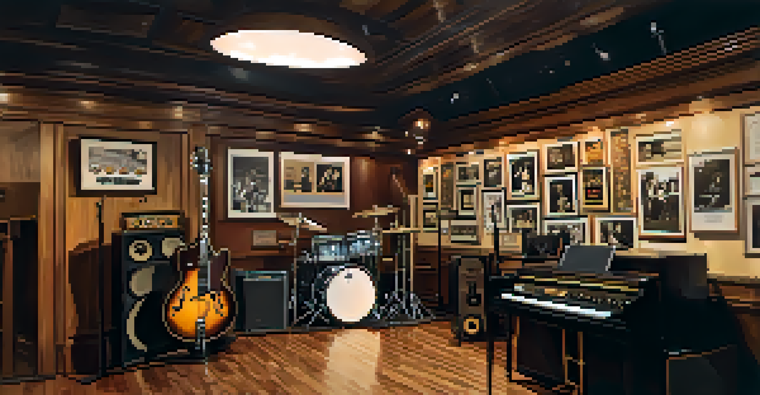 An interior view of Sun Studio featuring vintage recording equipment and musician photographs, bathed in warm ambient lighting.