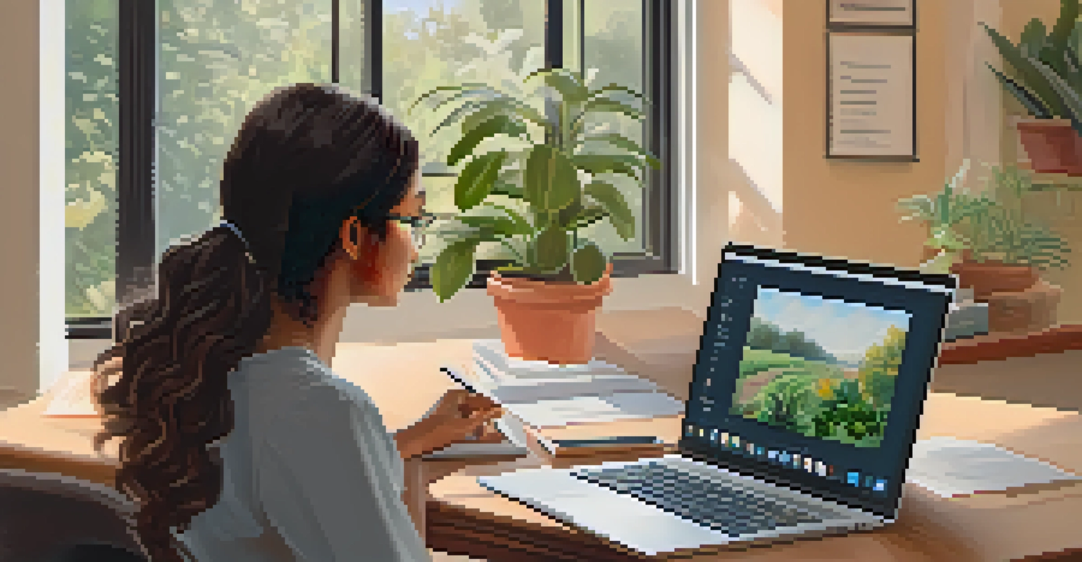 A young woman participating in an online training session at home, with a laptop and a cozy, well-lit environment.