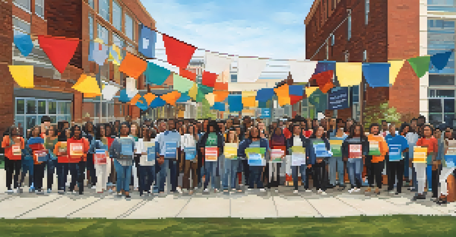 Students engaging in community service at a Memphis college, with colorful banners and urban architecture in the background.