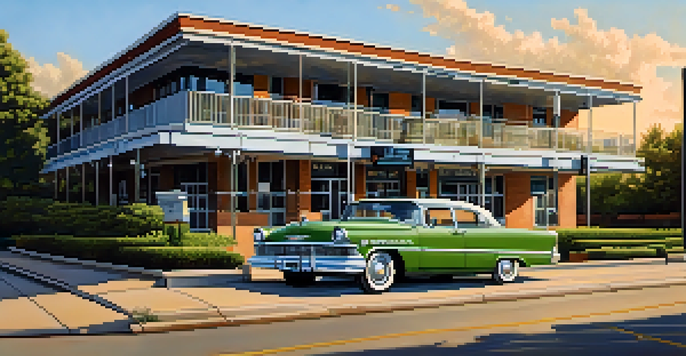 A picturesque view of the National Civil Rights Museum with the Lorraine Motel, surrounded by green trees and a sunset sky.