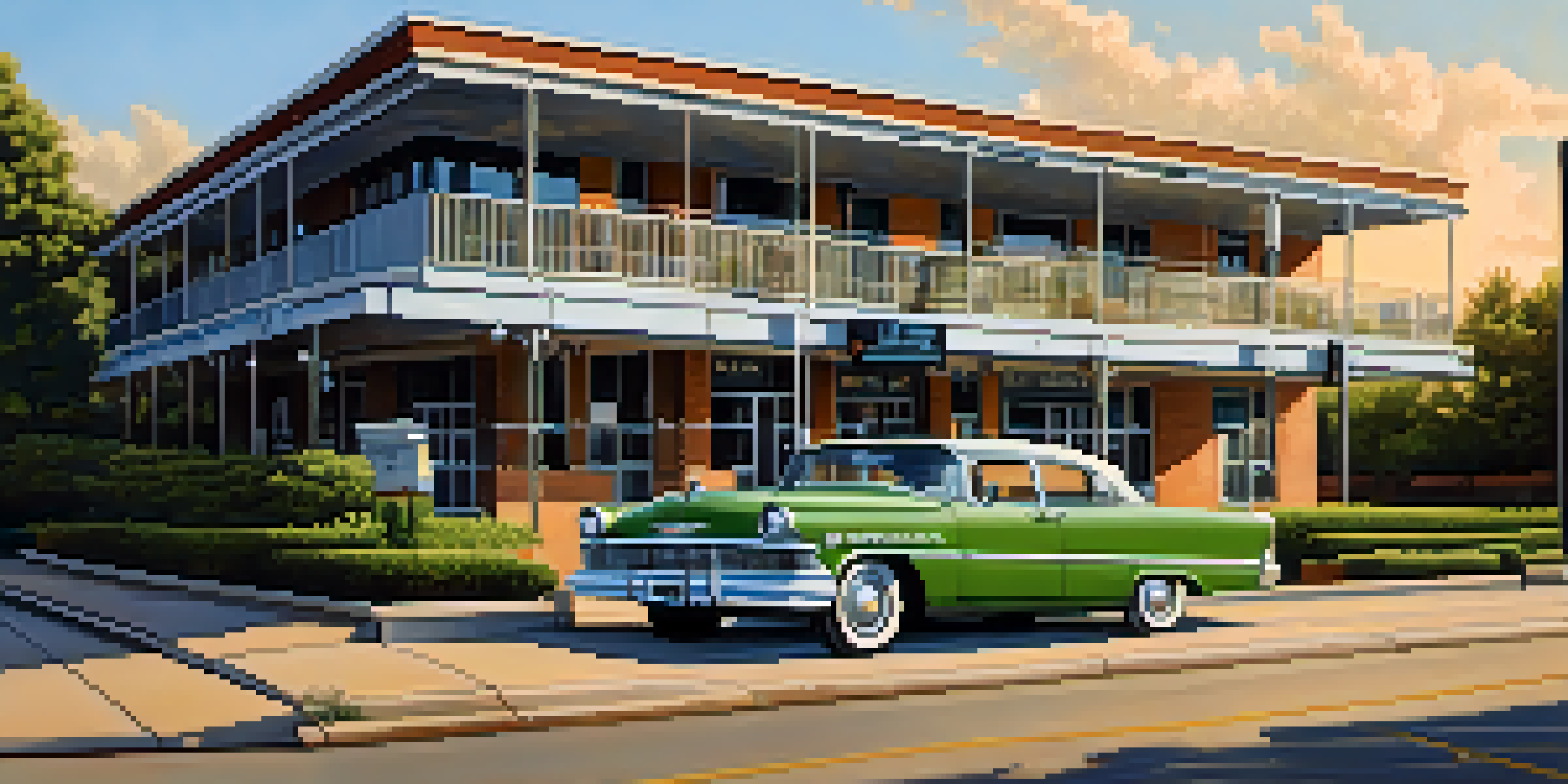 A picturesque view of the National Civil Rights Museum with the Lorraine Motel, surrounded by green trees and a sunset sky.