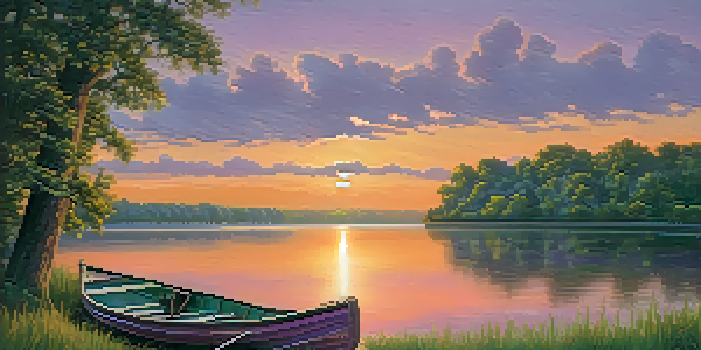 A sunset view of the Mississippi River with trees and a small boat, showcasing vibrant colors in the sky and calm water.