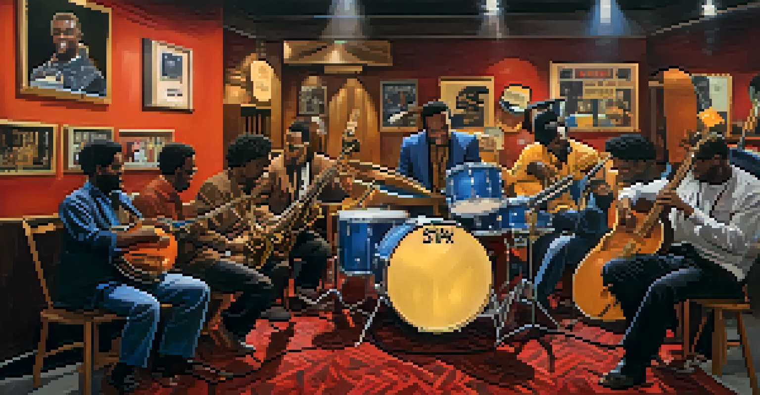 Artists collaborating in a warm-lit room at Stax Records, surrounded by vintage instruments and creative energy.