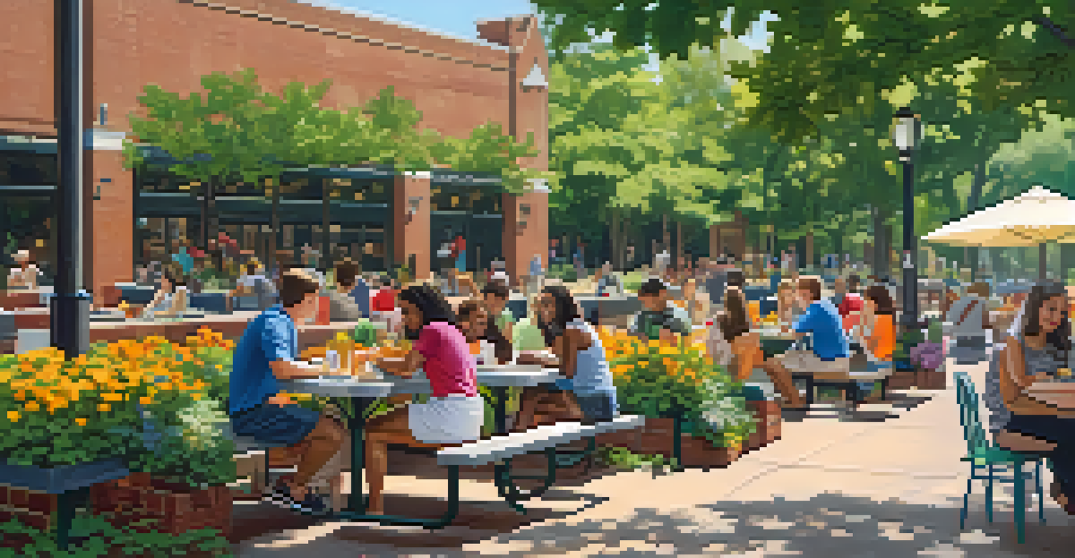 Students dining together outdoors at the University of Memphis, surrounded by greenery and enjoying food from local vendors.