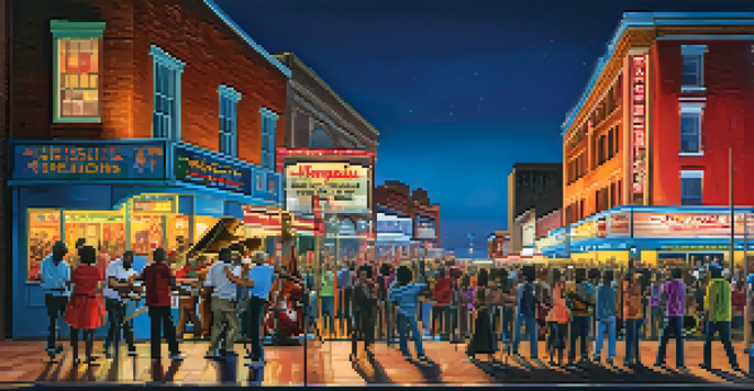 A diverse group of musicians performing together on Beale Street in Memphis, with colorful lights and a lively crowd.