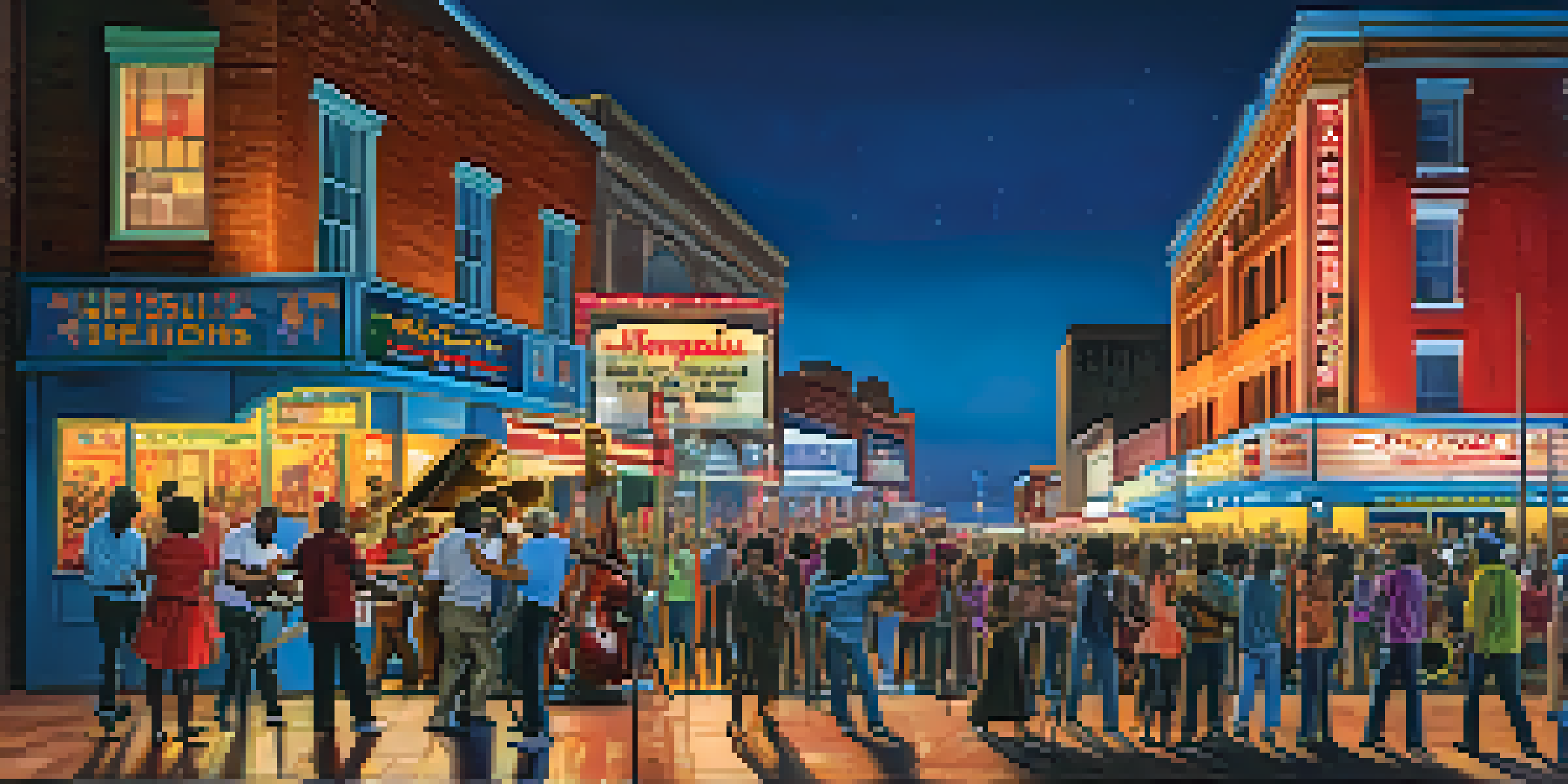 A diverse group of musicians performing together on Beale Street in Memphis, with colorful lights and a lively crowd.