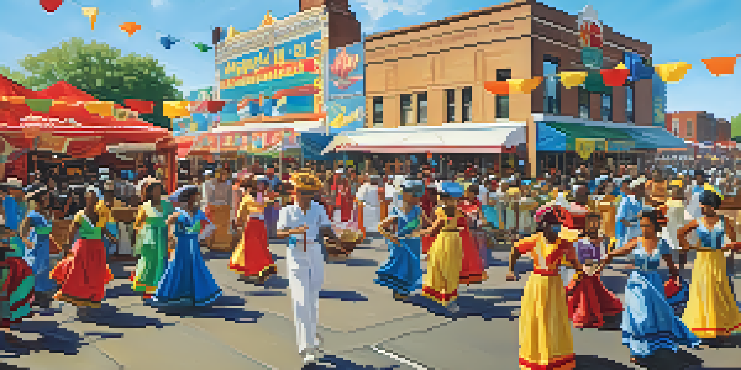 A lively festival scene with people in traditional costumes celebrating cultural diversity, surrounded by food stalls and colorful decorations under a sunny sky.
