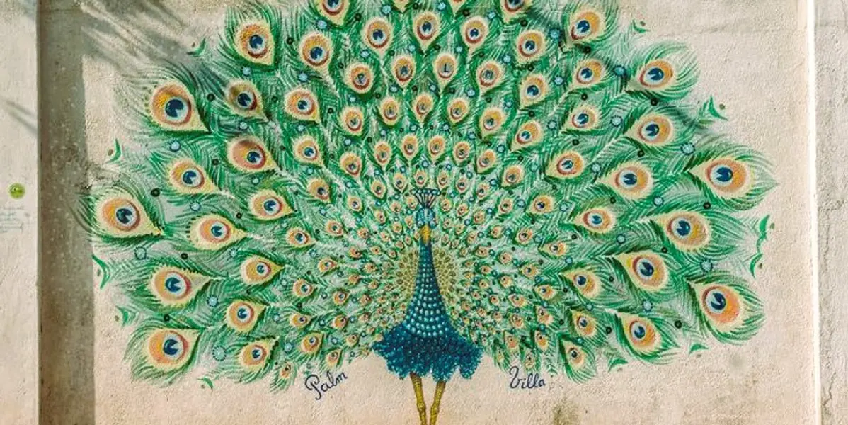 The famous Bozik peacock street art mural in Mirissa, Sri Lanka